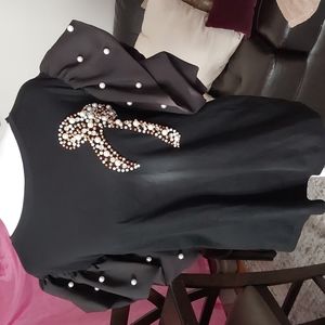 Pearl and rhinestone encrusted cotton tee with ruffled sleeves